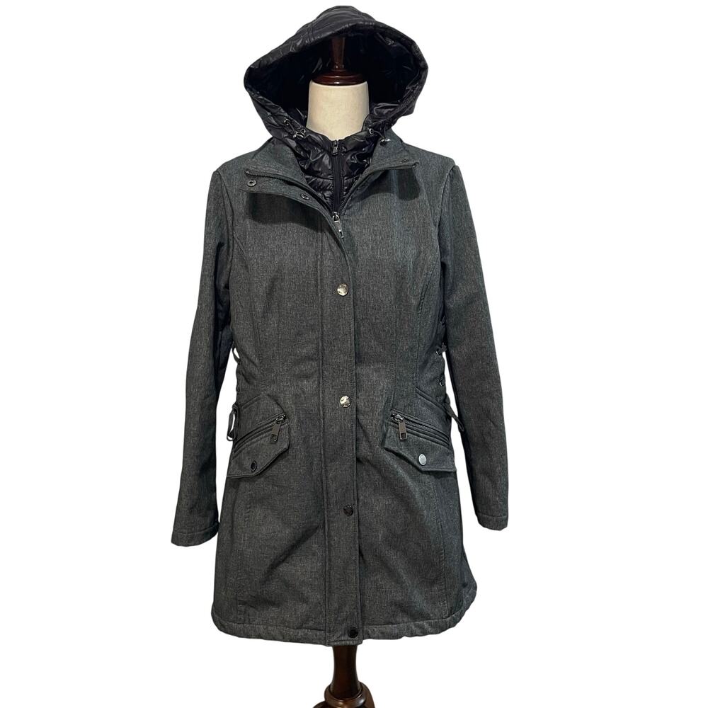 Guess Women’s Mid Length Hooded Parka Quilted Vest Fleece Lined Gray Size Large